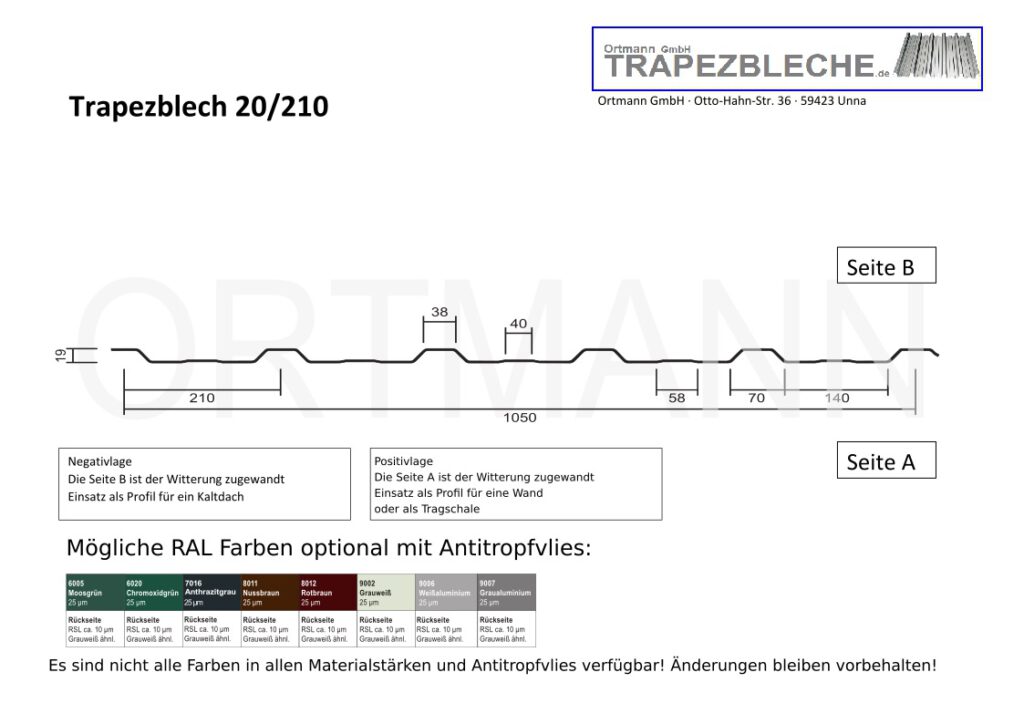 Technische Darstellung des Trapezprofils 20/210